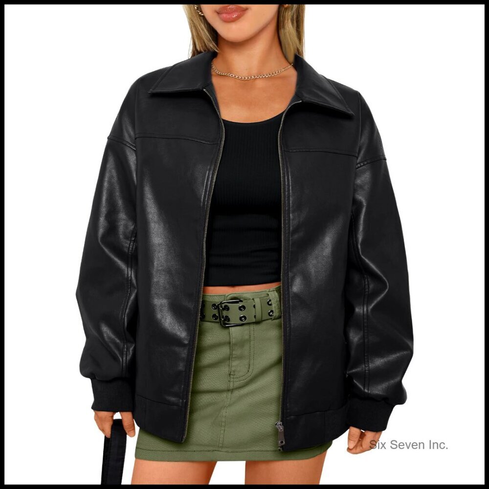 Oversized Faux Leather Bomber Jacket Zip Up Trendy Winter Coat Fashion
